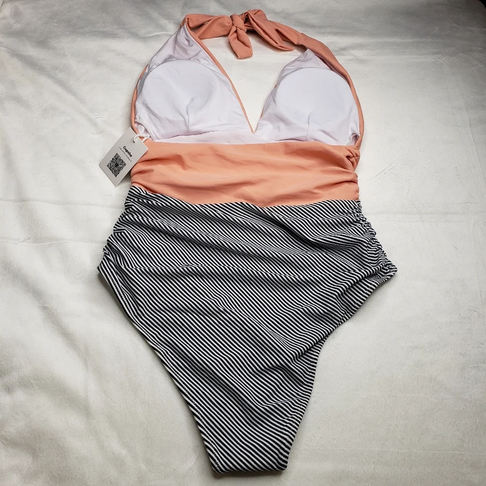 Cupshe Swimsuit One Piece Peach Black White Pinstripe Women's Medium 6/8 NWT